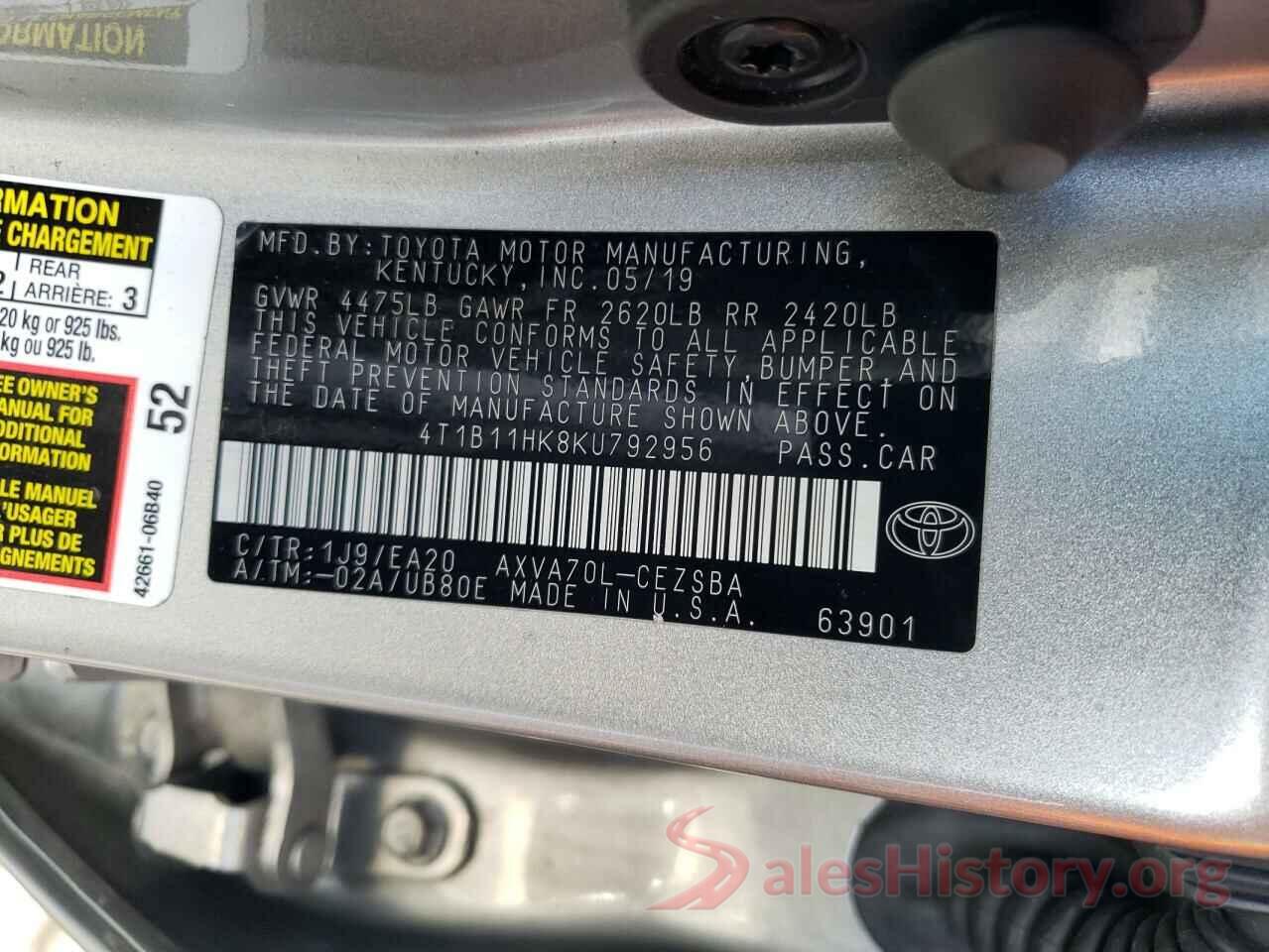 4T1B11HK8KU792956 2019 TOYOTA CAMRY