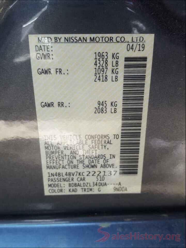 1N4BL4BV7KC222137 2019 NISSAN ALTIMA