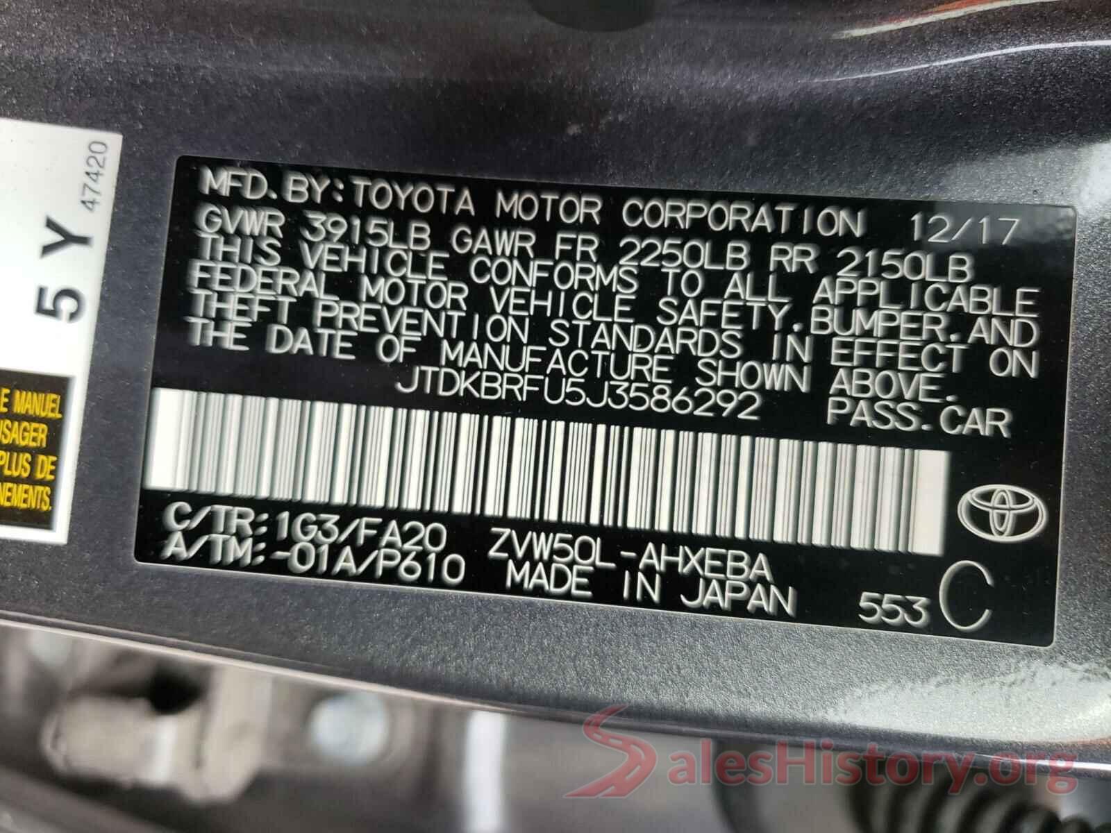 JTDKBRFU5J3586292 2018 TOYOTA PRIUS