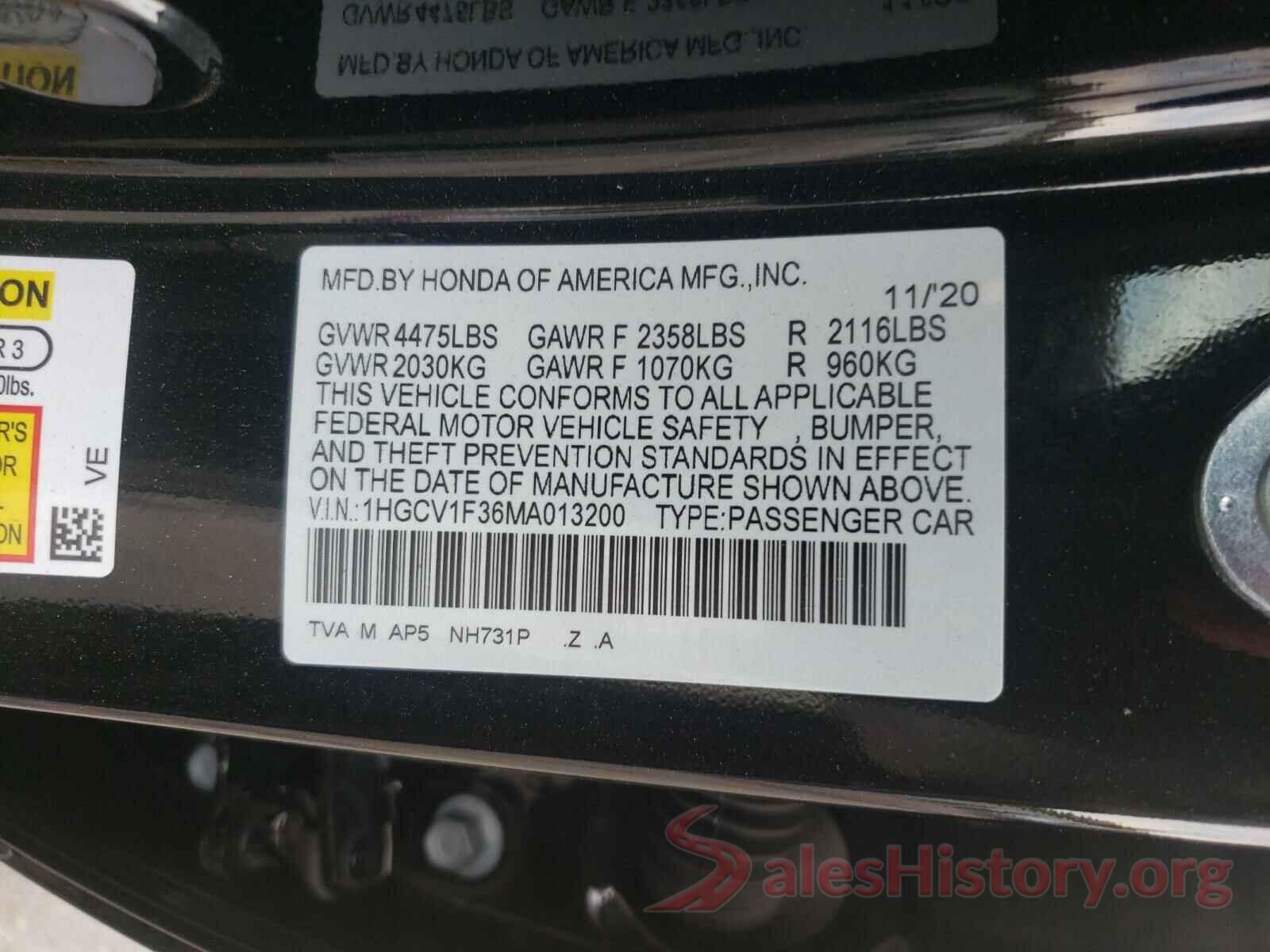 1HGCV1F36MA013200 2021 HONDA ACCORD