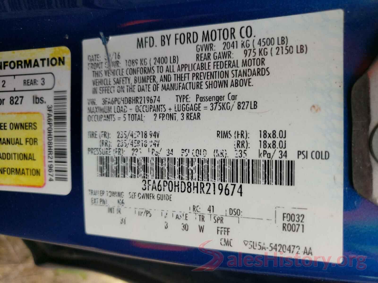 3FA6P0HD8HR219674 2017 FORD FUSION