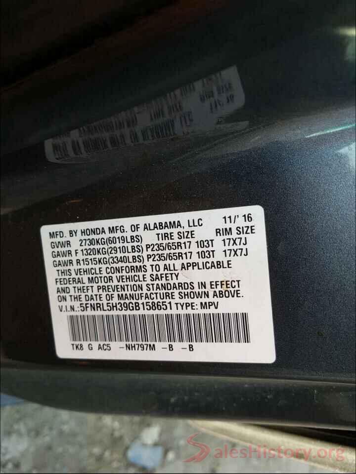 5FNRL5H39GB158651 2016 HONDA ODYSSEY