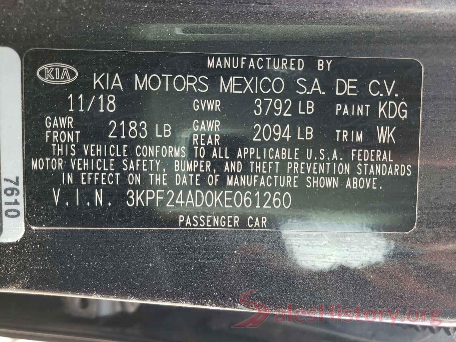 3KPF24AD0KE061260 2019 KIA FORTE