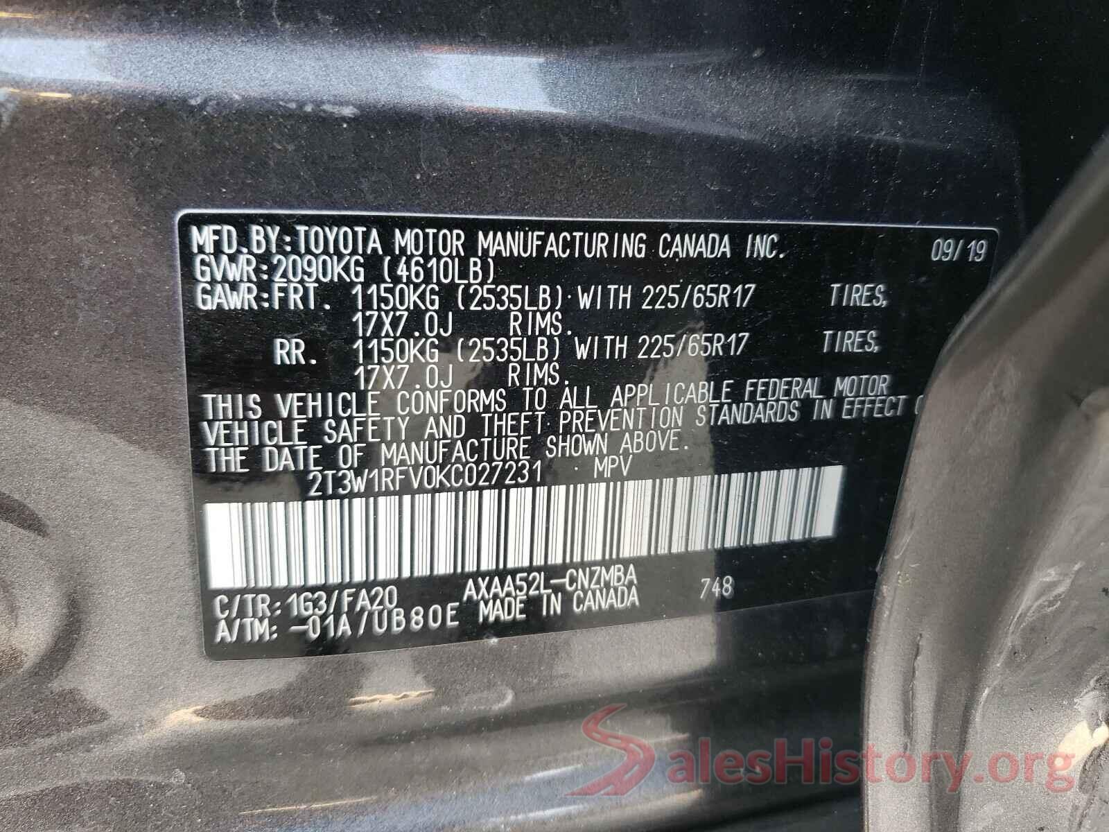 2T3W1RFV0KC027231 2019 TOYOTA RAV4