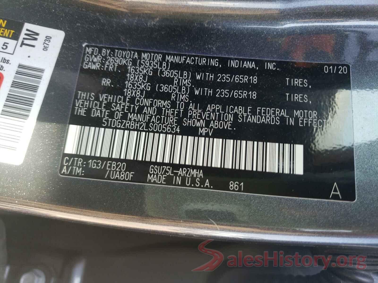 5TDGZRBH2LS005634 2020 TOYOTA HIGHLANDER