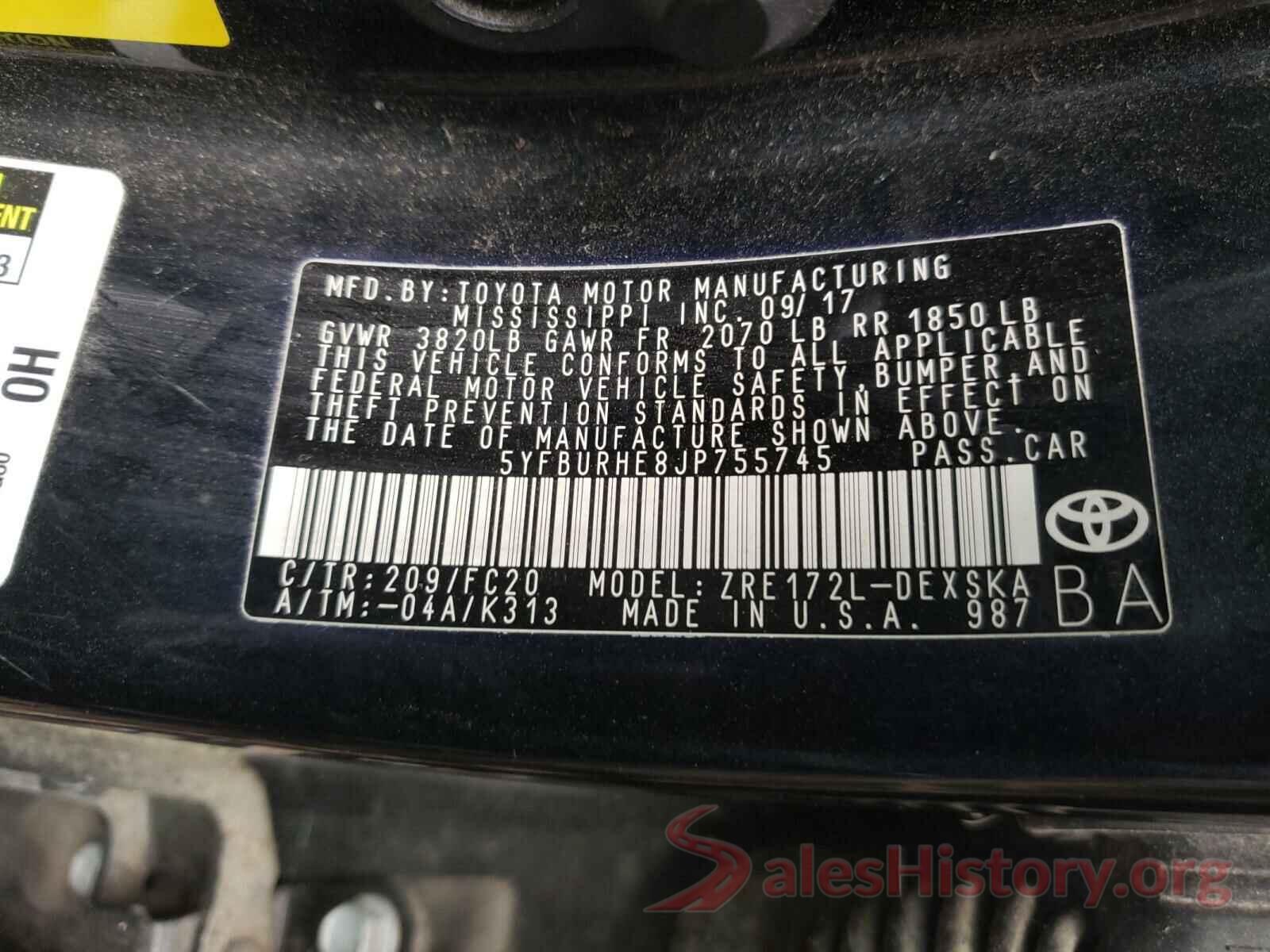 5YFBURHE8JP755745 2018 TOYOTA COROLLA