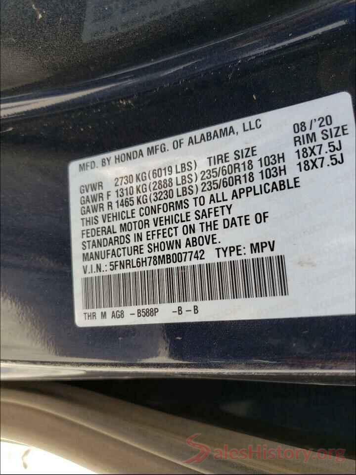 5FNRL6H78MB007742 2021 HONDA ODYSSEY