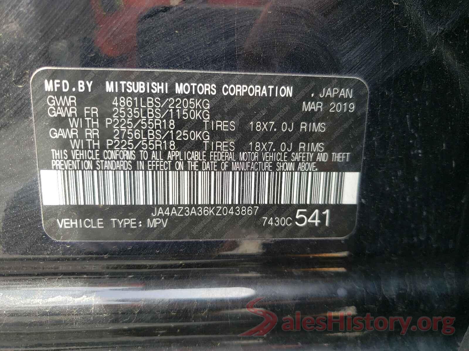 JA4AZ3A36KZ043867 2019 MITSUBISHI OUTLANDER