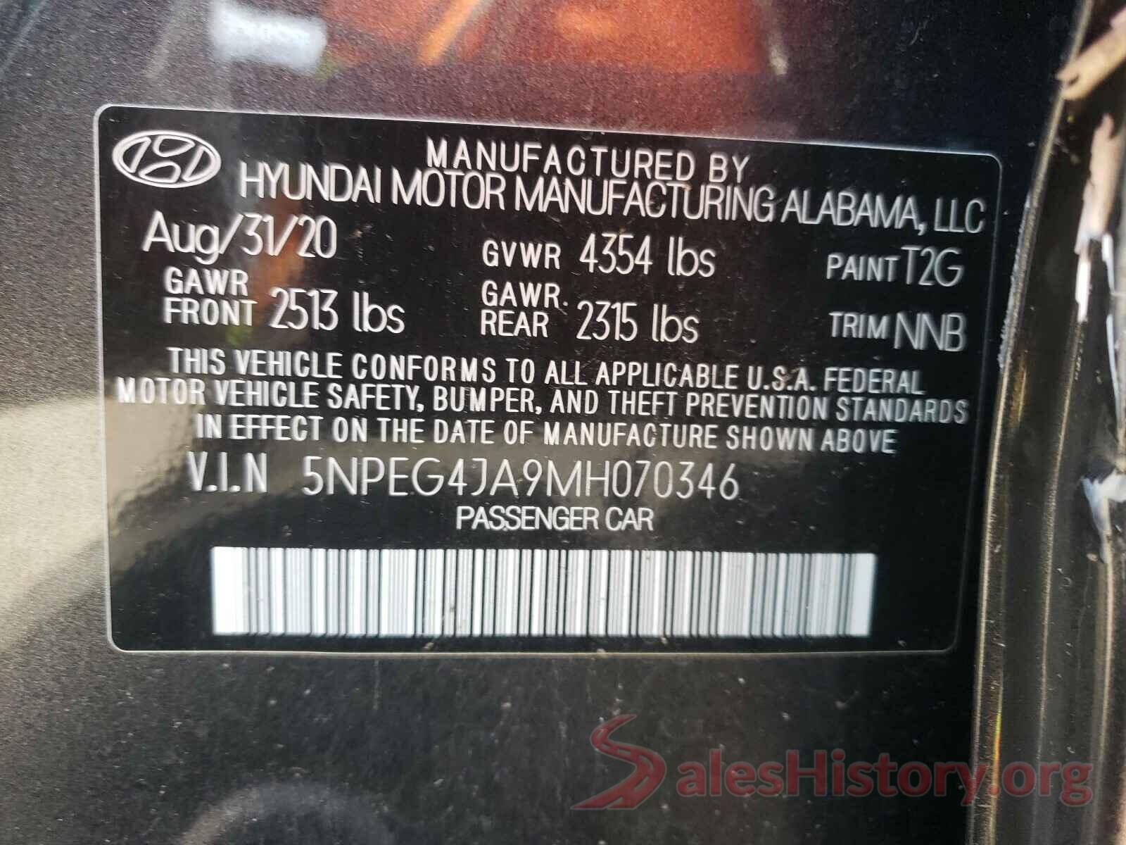 5NPEG4JA9MH070346 2021 HYUNDAI SONATA