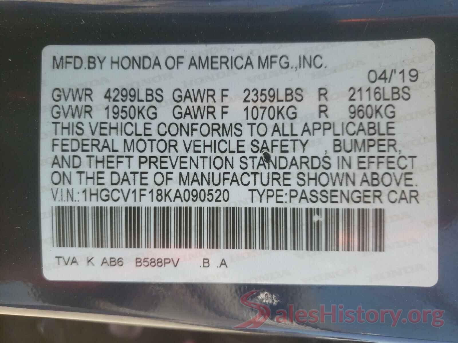 1HGCV1F18KA090520 2019 HONDA ACCORD