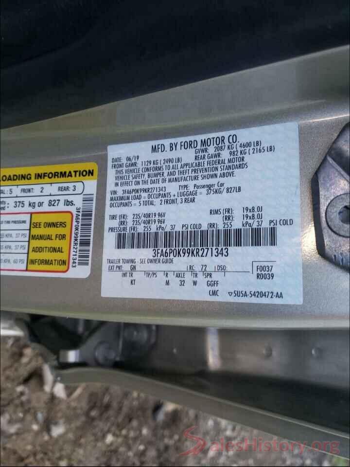 3FA6P0K99KR271343 2019 FORD FUSION