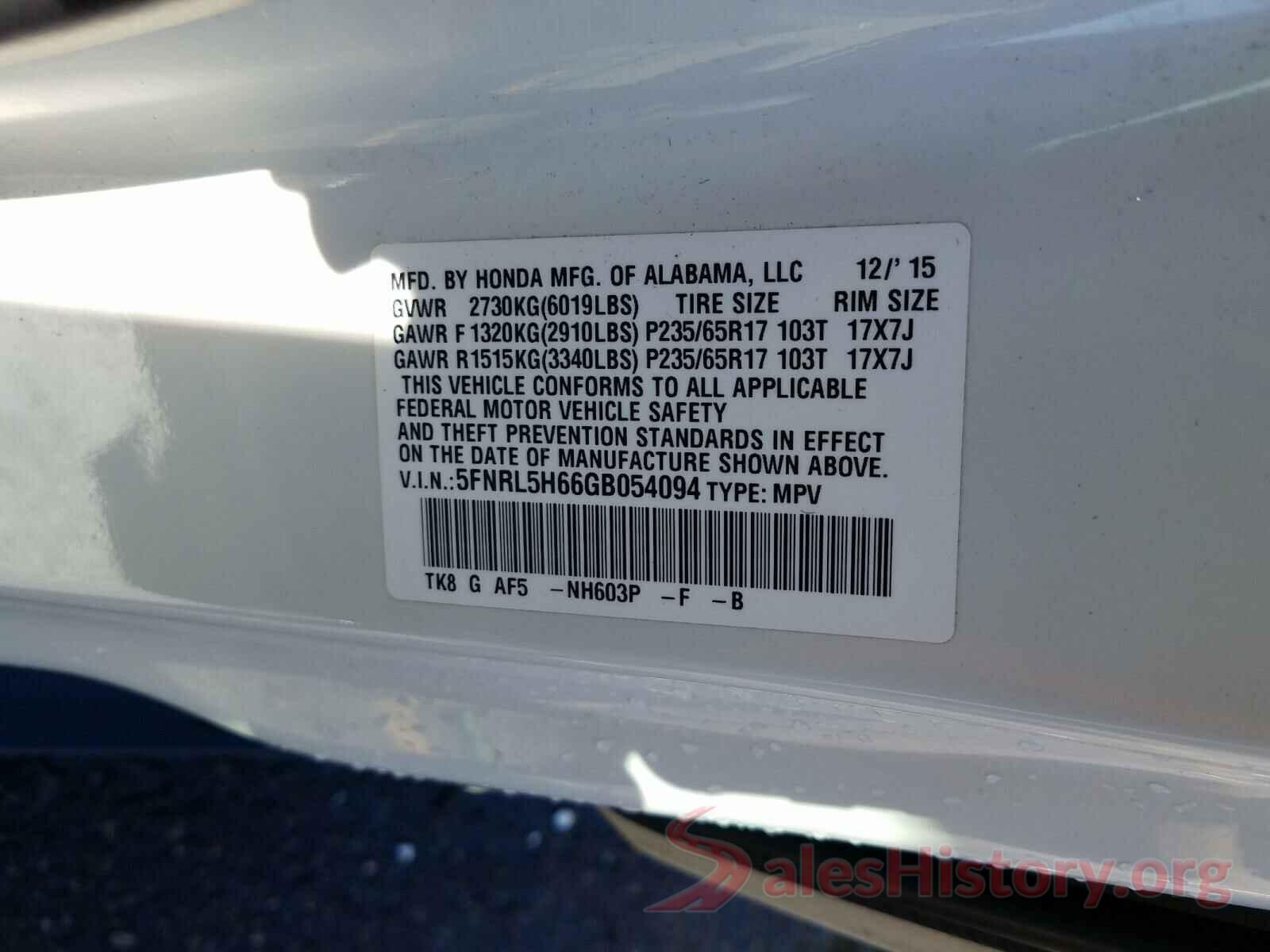 5FNRL5H66GB054094 2016 HONDA ODYSSEY