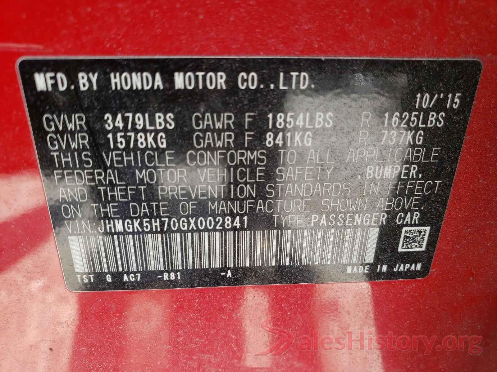 JHMGK5H70GX002841 2016 HONDA FIT