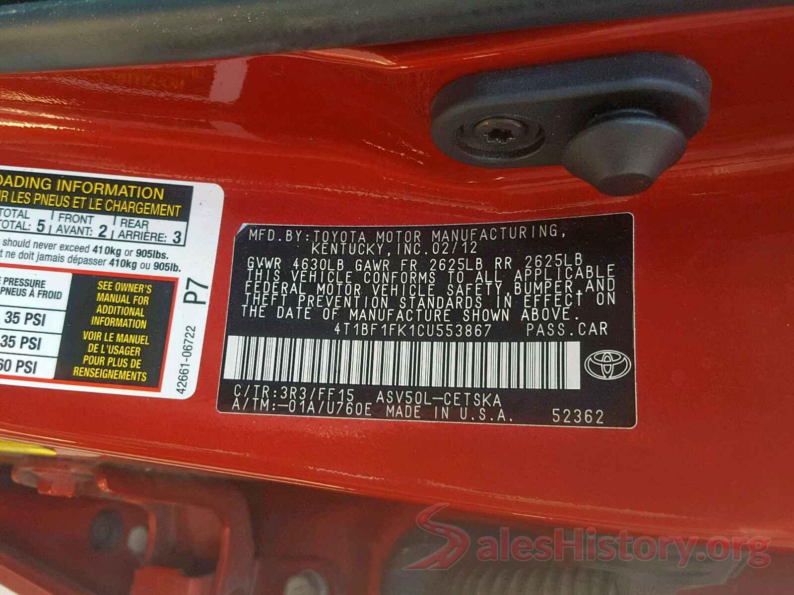 4T1BF1FK1CU553867 2012 TOYOTA CAMRY BASE