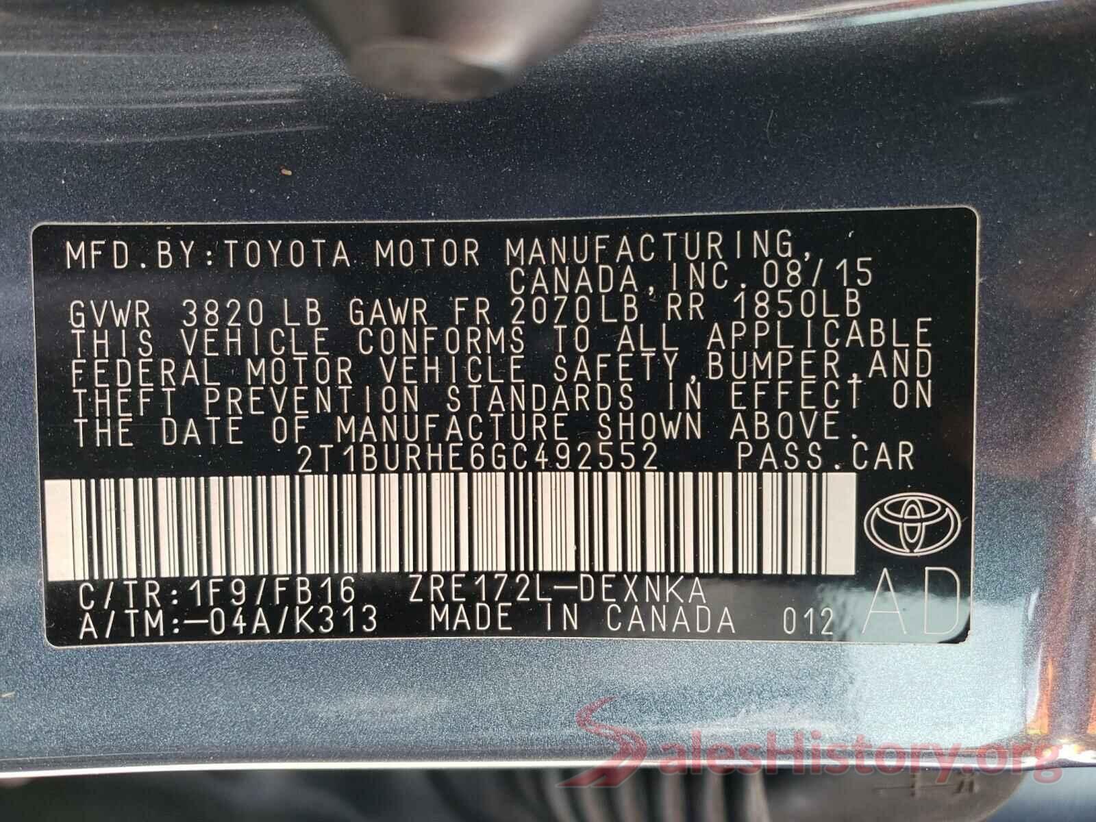 2T1BURHE6GC492552 2016 TOYOTA COROLLA