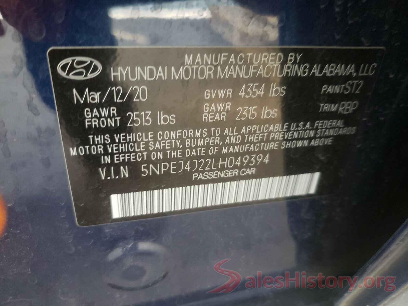 5NPEJ4J22LH049394 2020 HYUNDAI SONATA