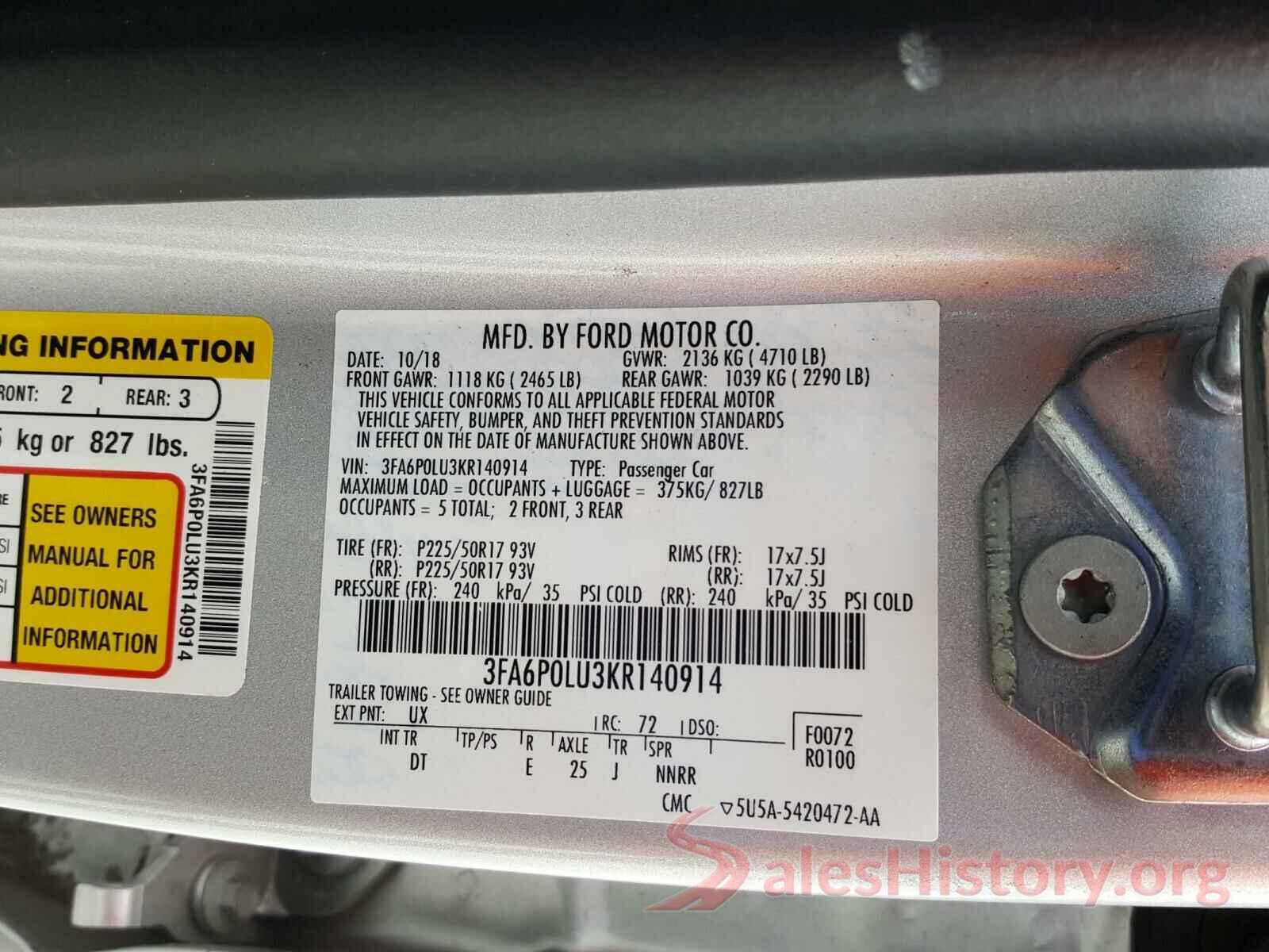 3FA6P0LU3KR140914 2019 FORD FUSION