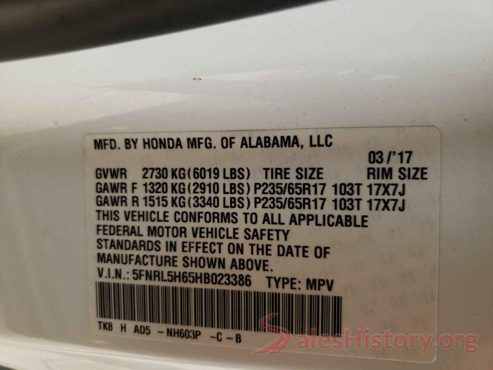 5FNRL5H65HB023386 2017 HONDA ODYSSEY