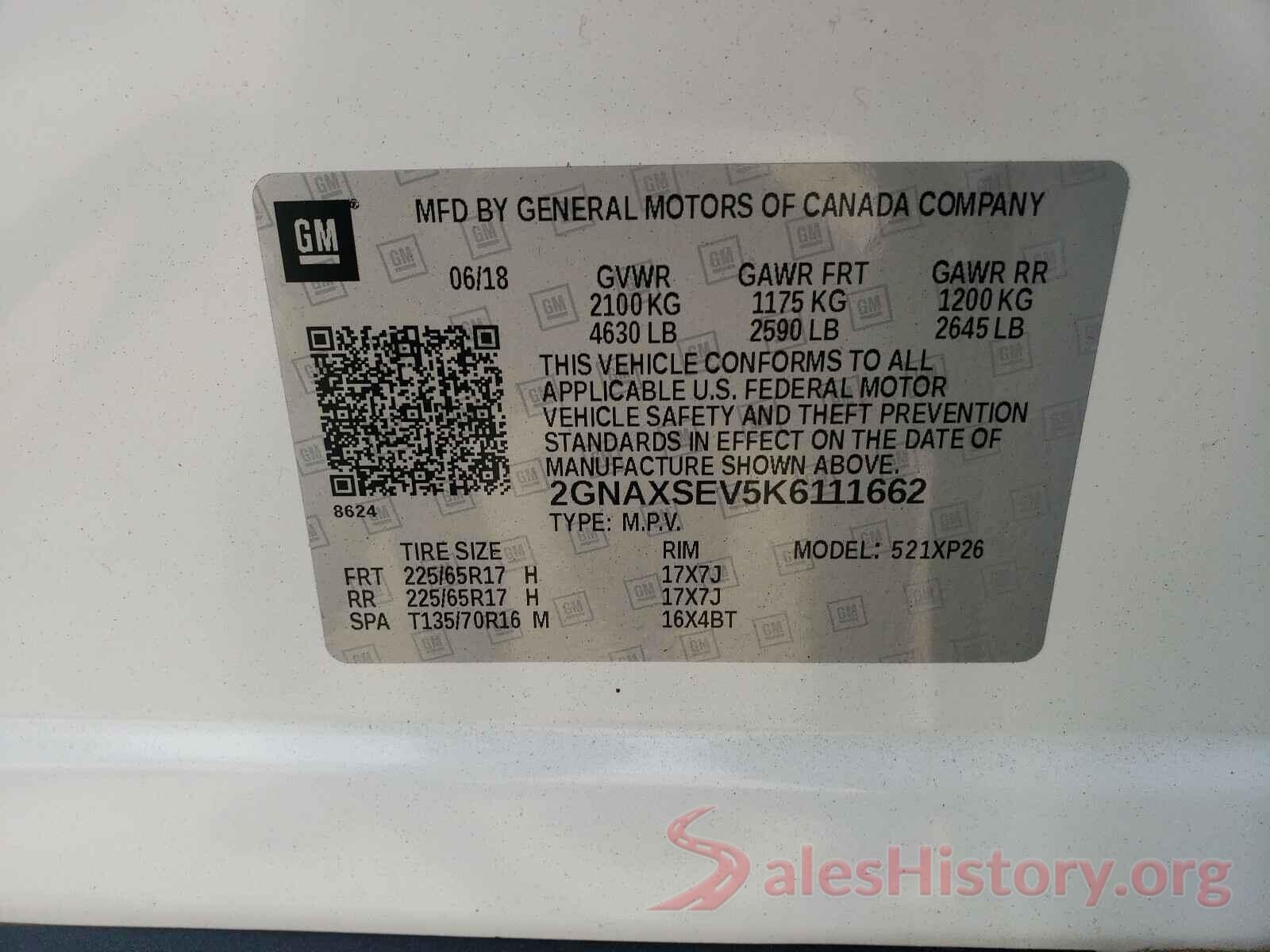 2GNAXSEV5K6111662 2019 CHEVROLET EQUINOX