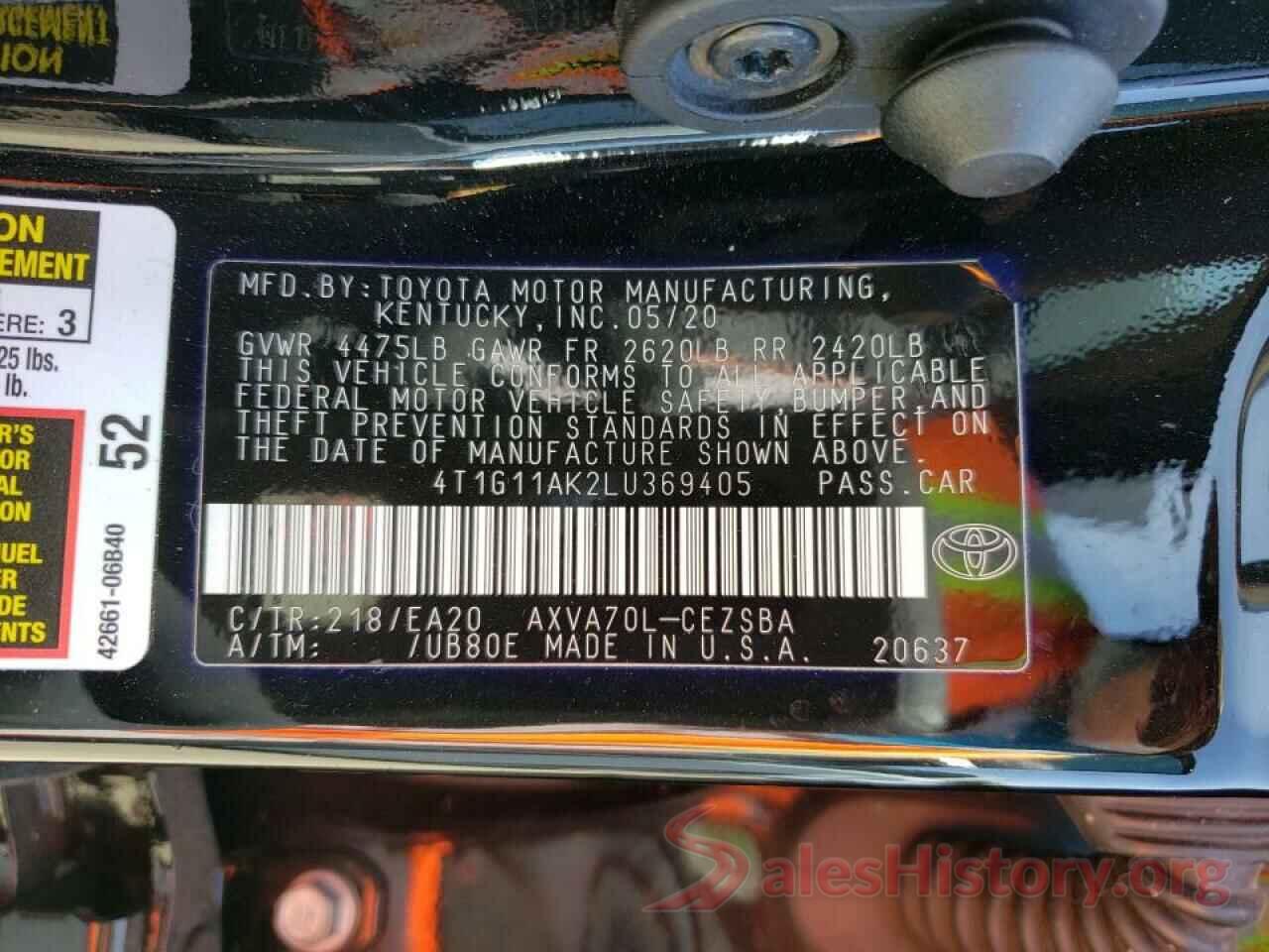 4T1G11AK2LU369405 2020 TOYOTA CAMRY