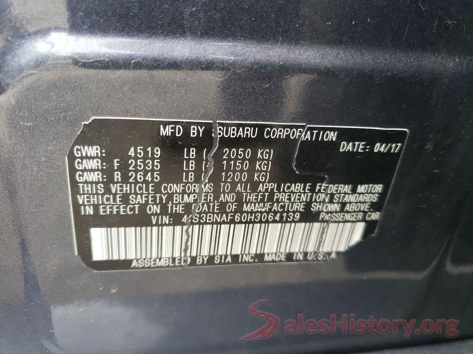 4S3BNAF60H3064139 2017 SUBARU LEGACY