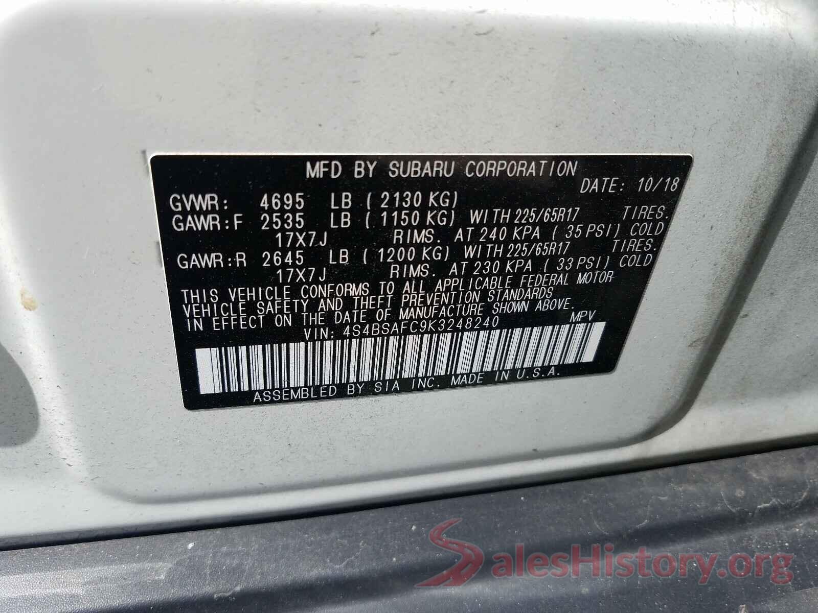 4S4BSAFC9K3248240 2019 SUBARU OUTBACK