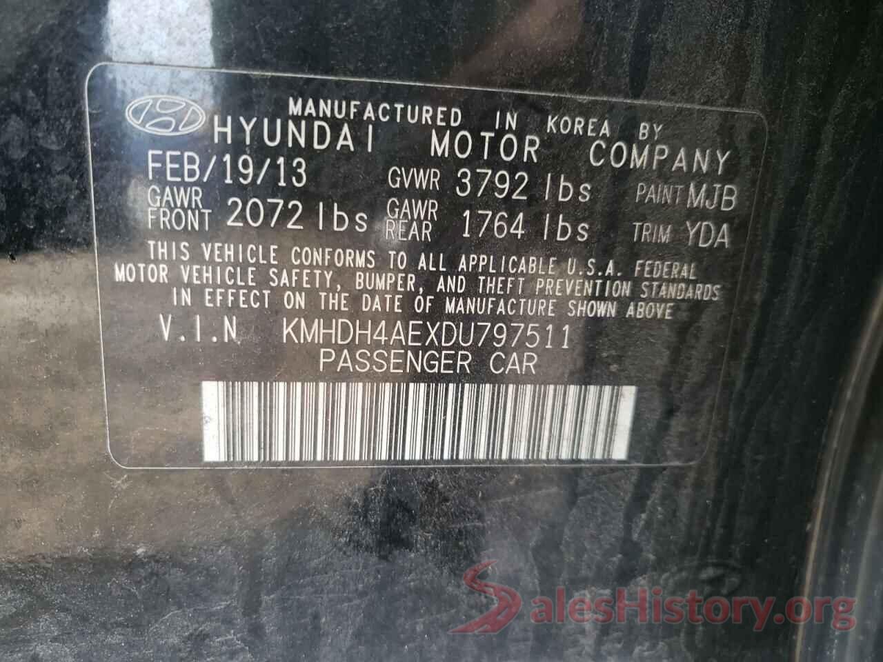 KMHDH4AEXDU797511 2013 HYUNDAI ELANTRA