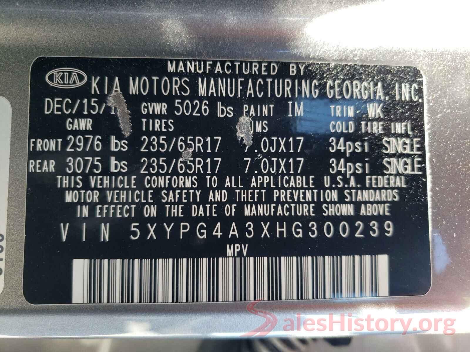 5XYPG4A3XHG300239 2017 KIA SORENTO