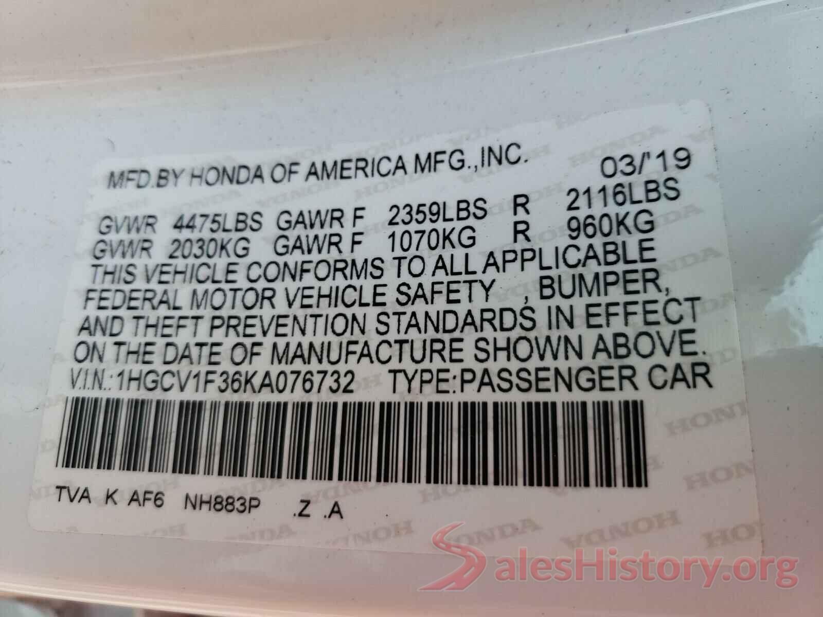 1HGCV1F36KA076732 2019 HONDA ACCORD