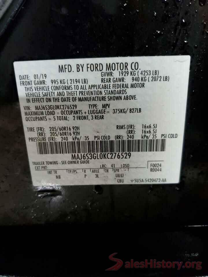 MAJ6S3GL0KC276529 2019 FORD ECOSPORT