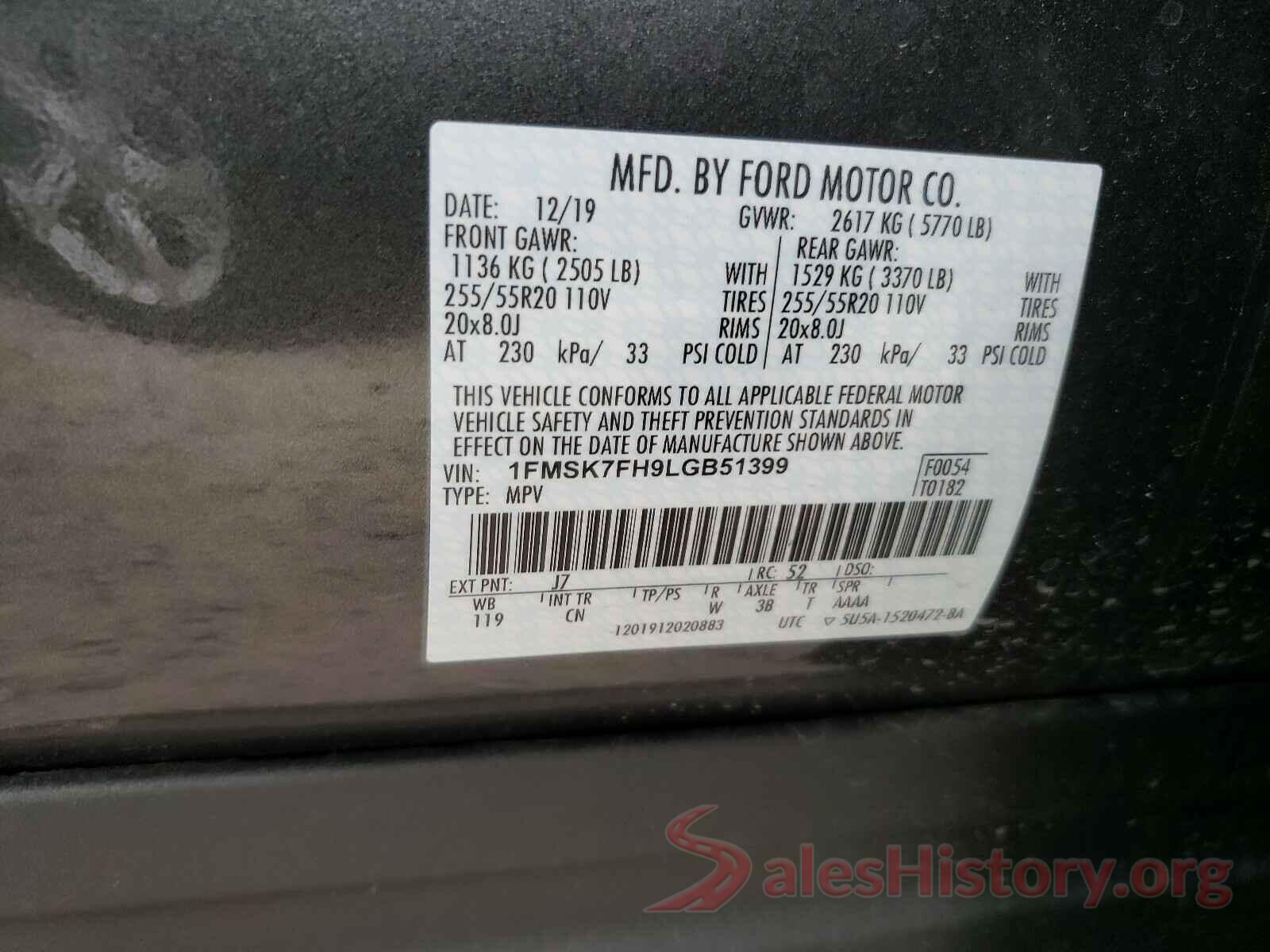 1FMSK7FH9LGB51399 2020 FORD EXPLORER