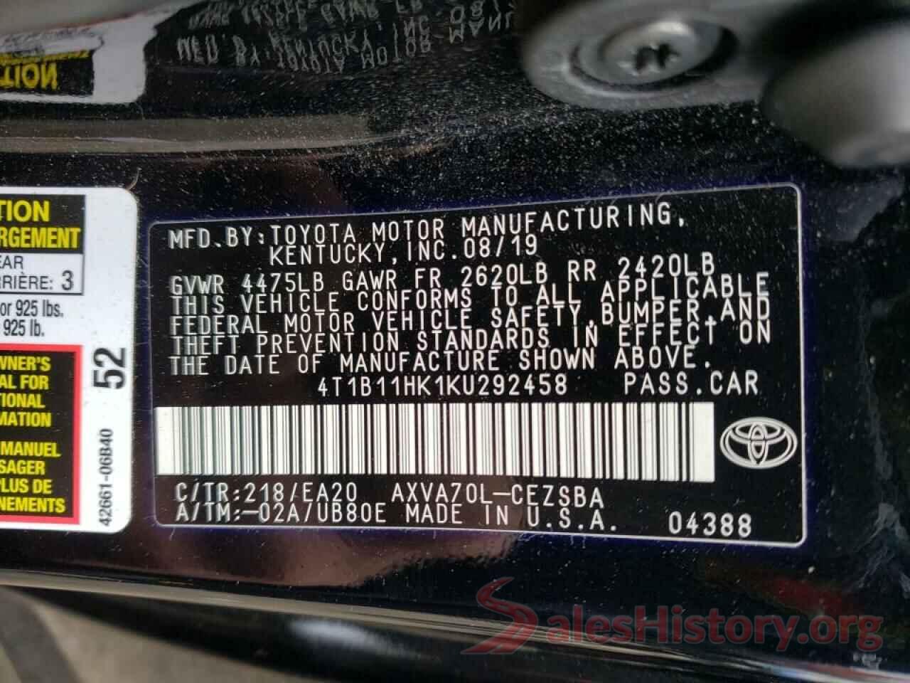 4T1B11HK1KU292458 2019 TOYOTA CAMRY