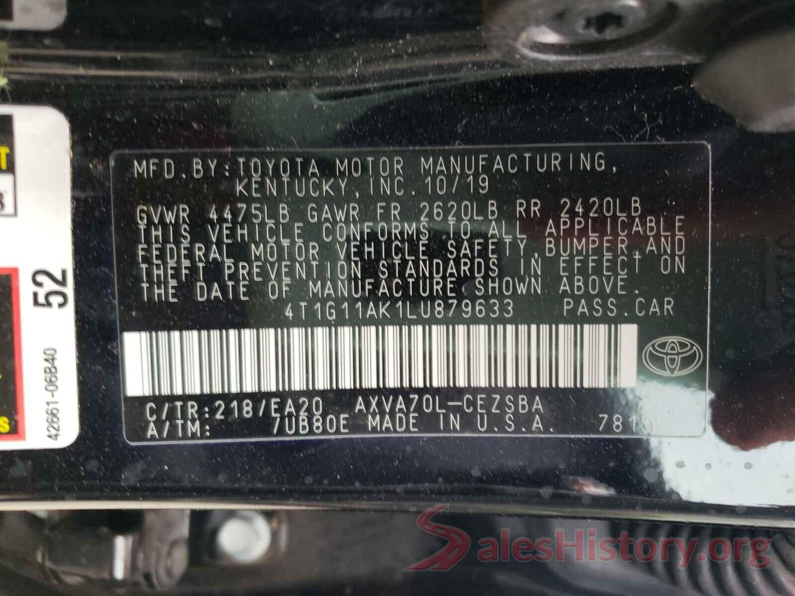 4T1G11AK1LU879633 2020 TOYOTA CAMRY