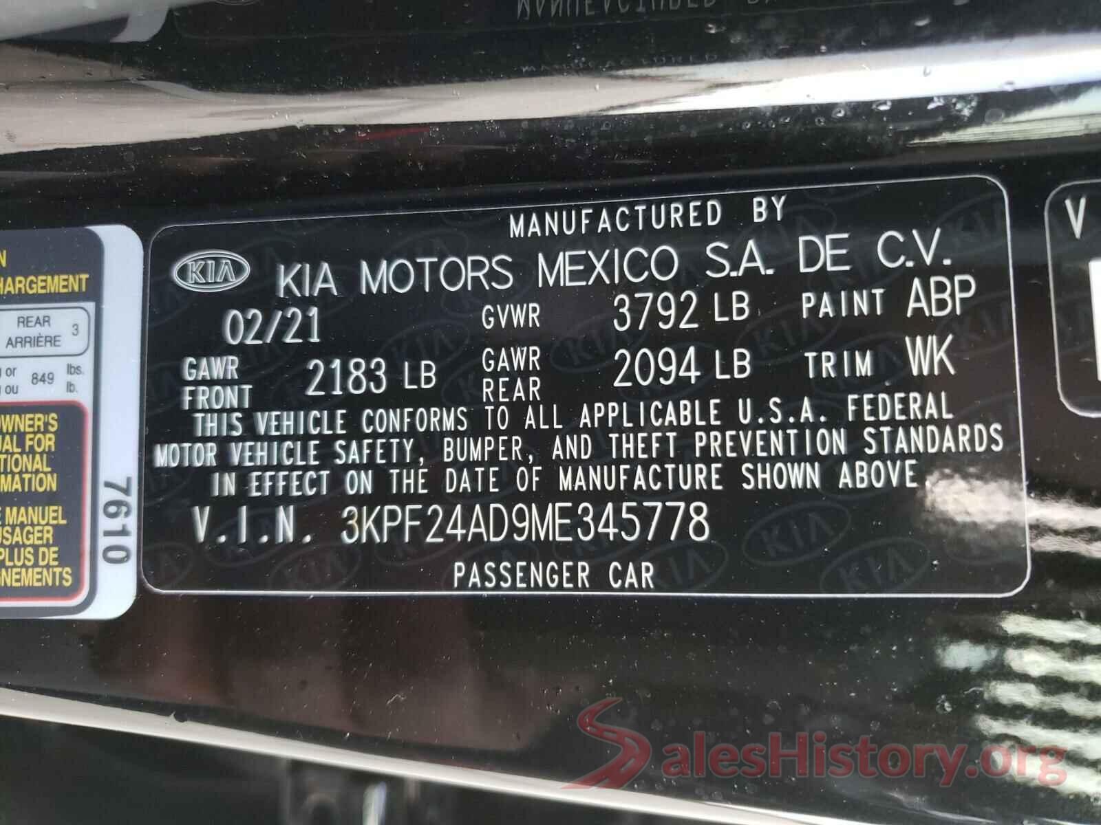 3KPF24AD9ME345778 2021 KIA FORTE