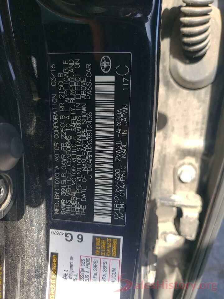 JTDKARFU2G3512436 2016 TOYOTA PRIUS