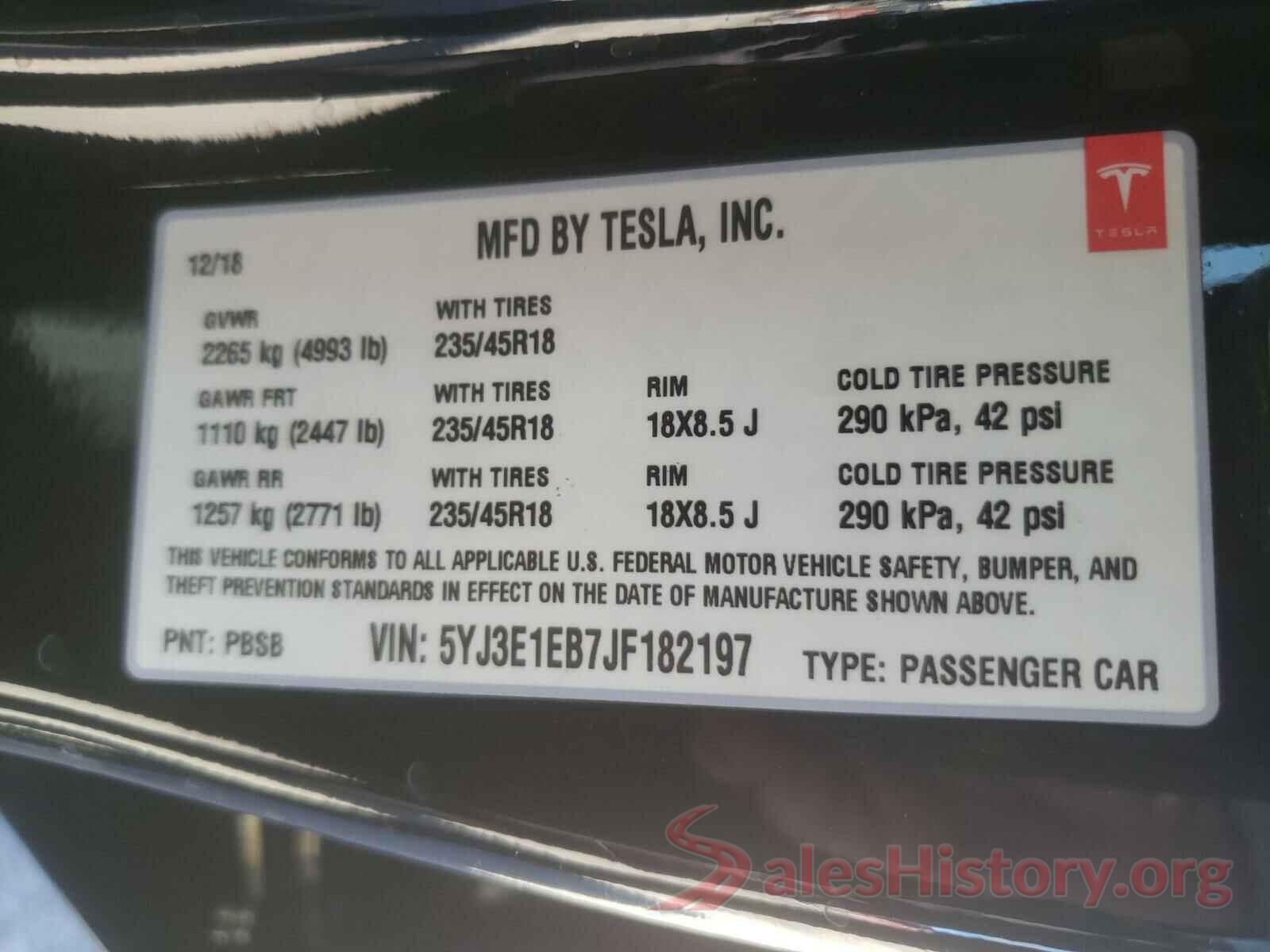 5YJ3E1EB7JF182197 2018 TESLA MODEL 3