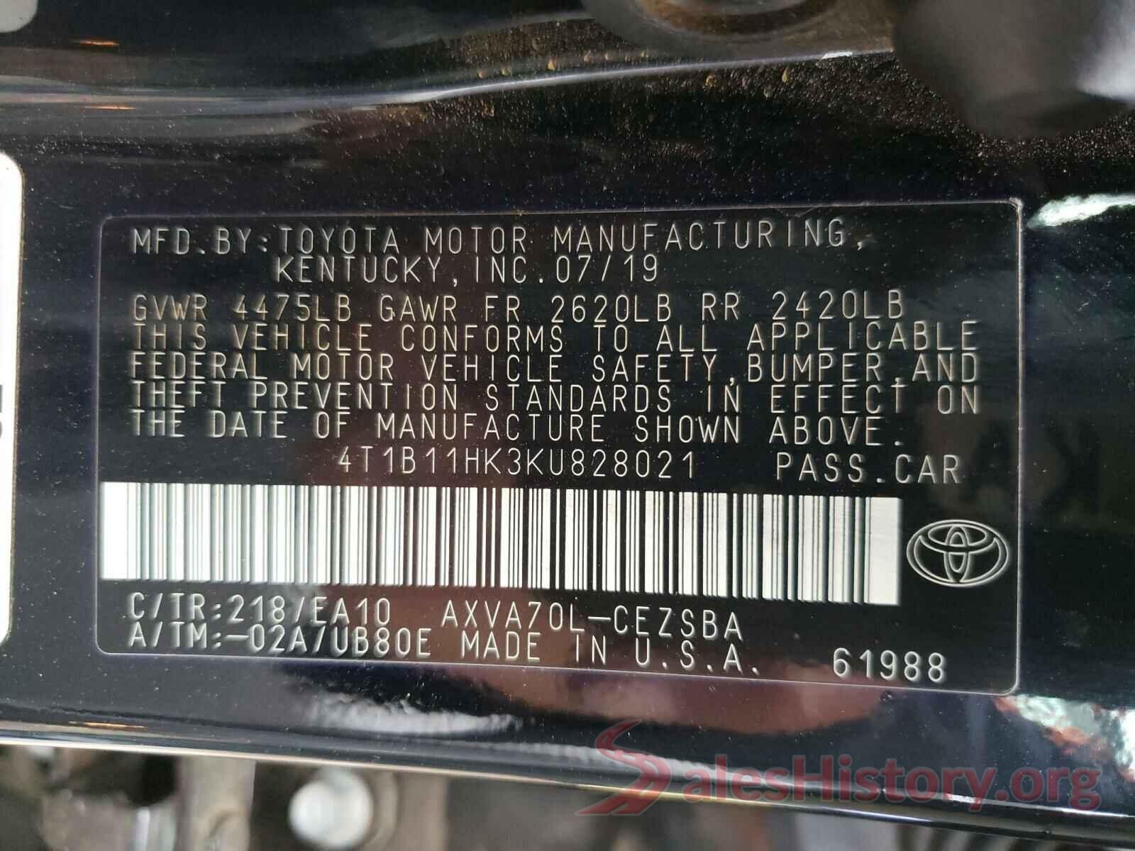 4T1B11HK3KU828021 2019 TOYOTA CAMRY