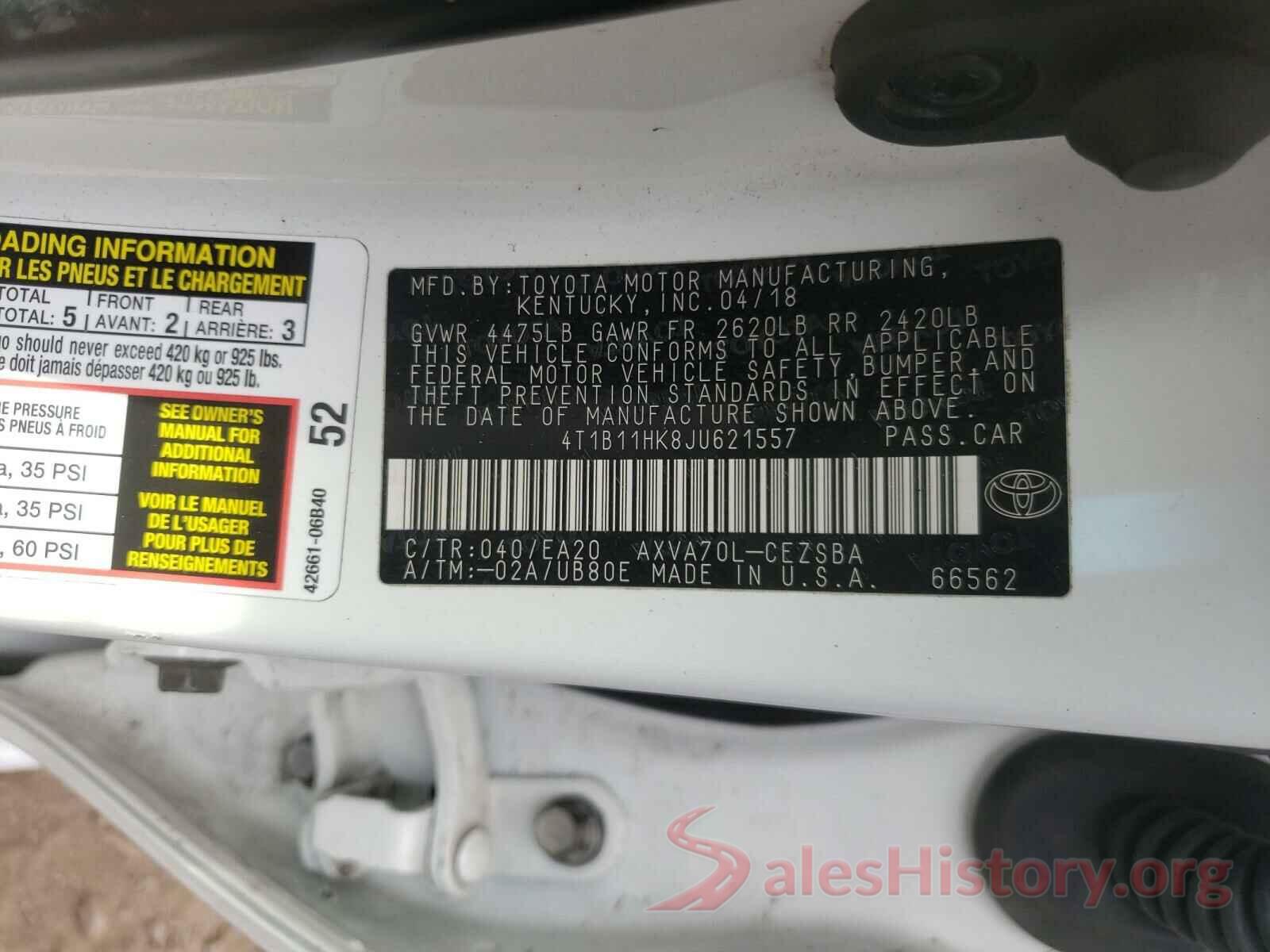 4T1B11HK8JU621557 2018 TOYOTA CAMRY