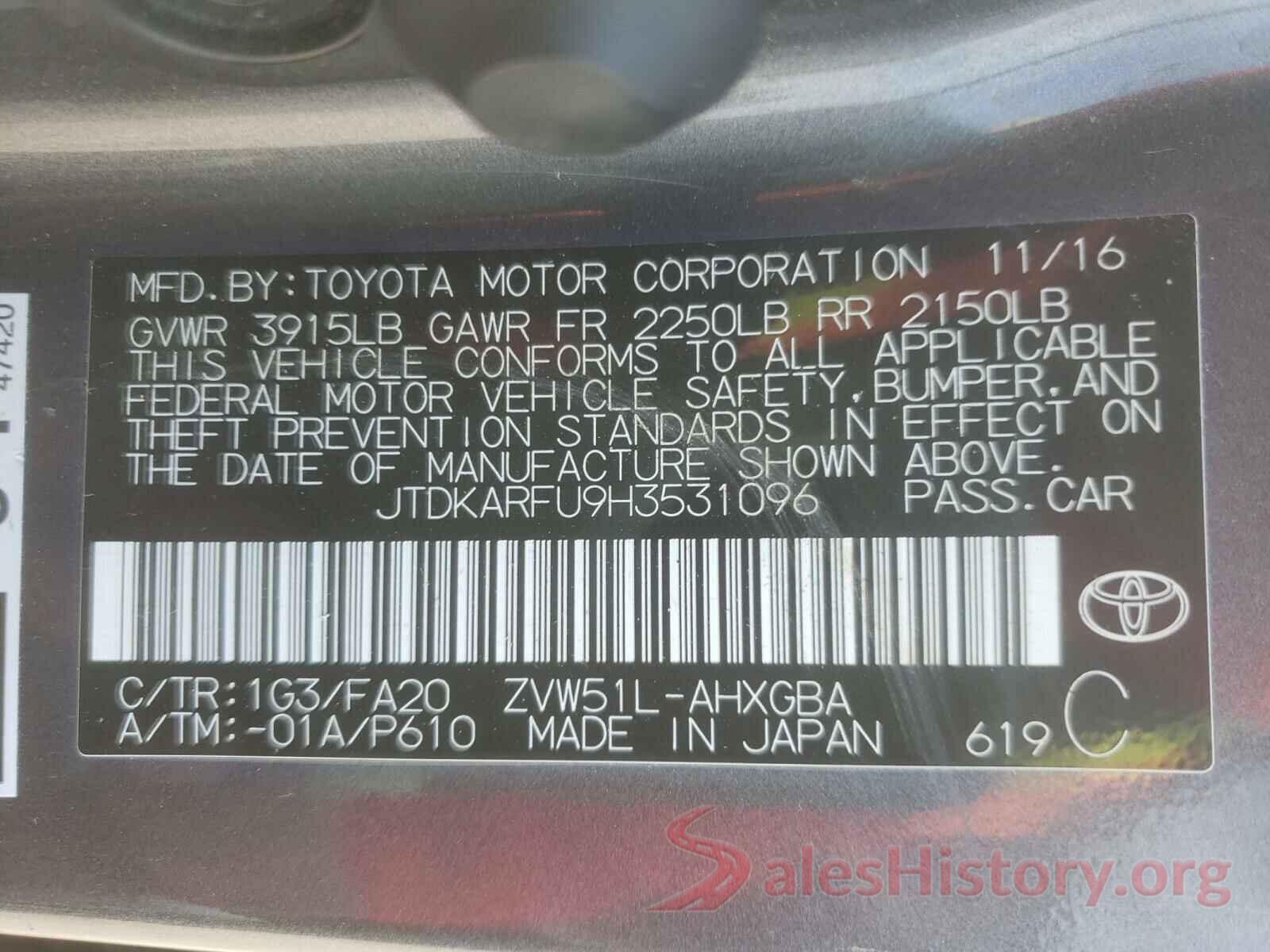 JTDKARFU9H3531096 2017 TOYOTA PRIUS