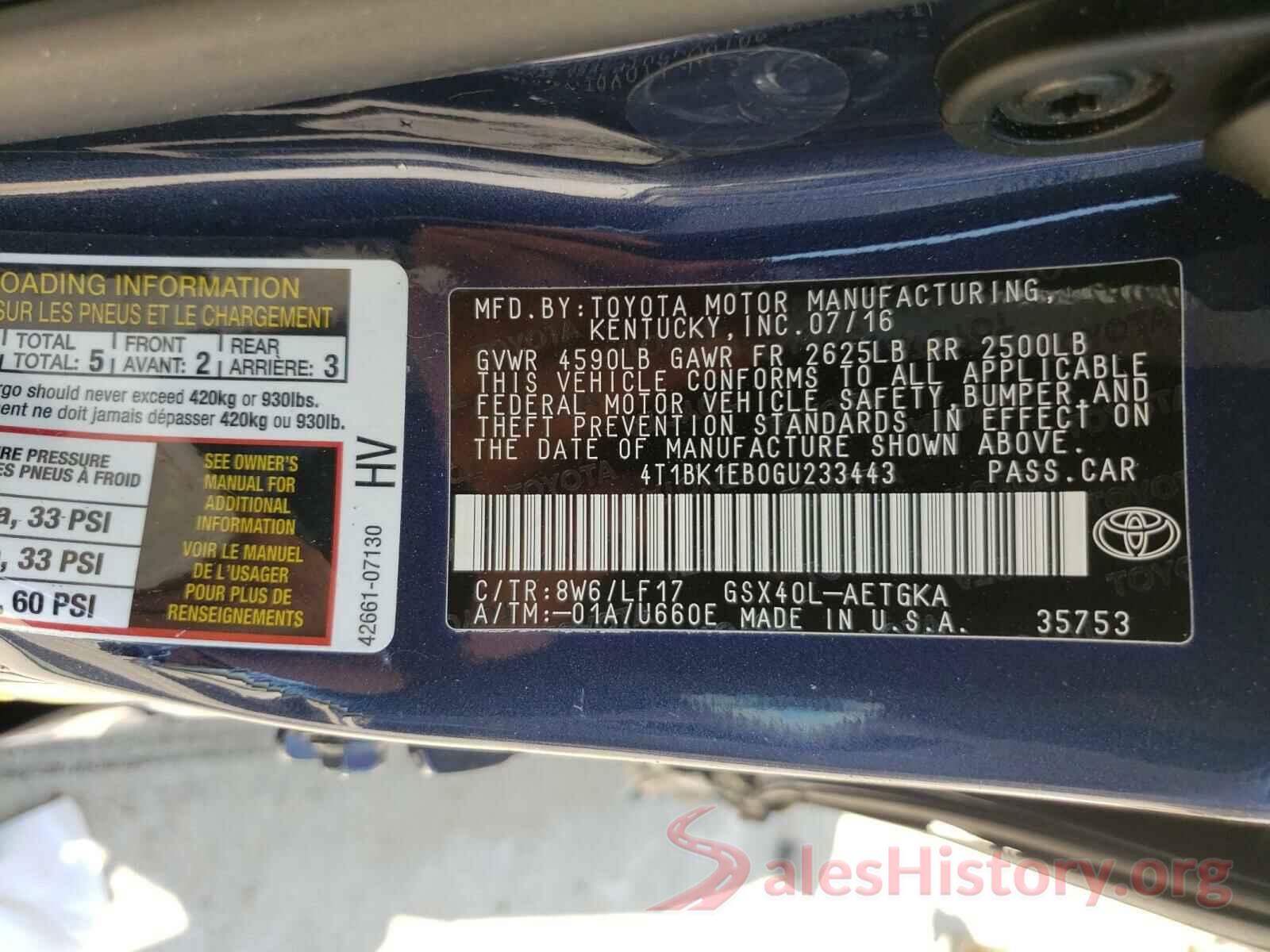 4T1BK1EB0GU233443 2016 TOYOTA AVALON