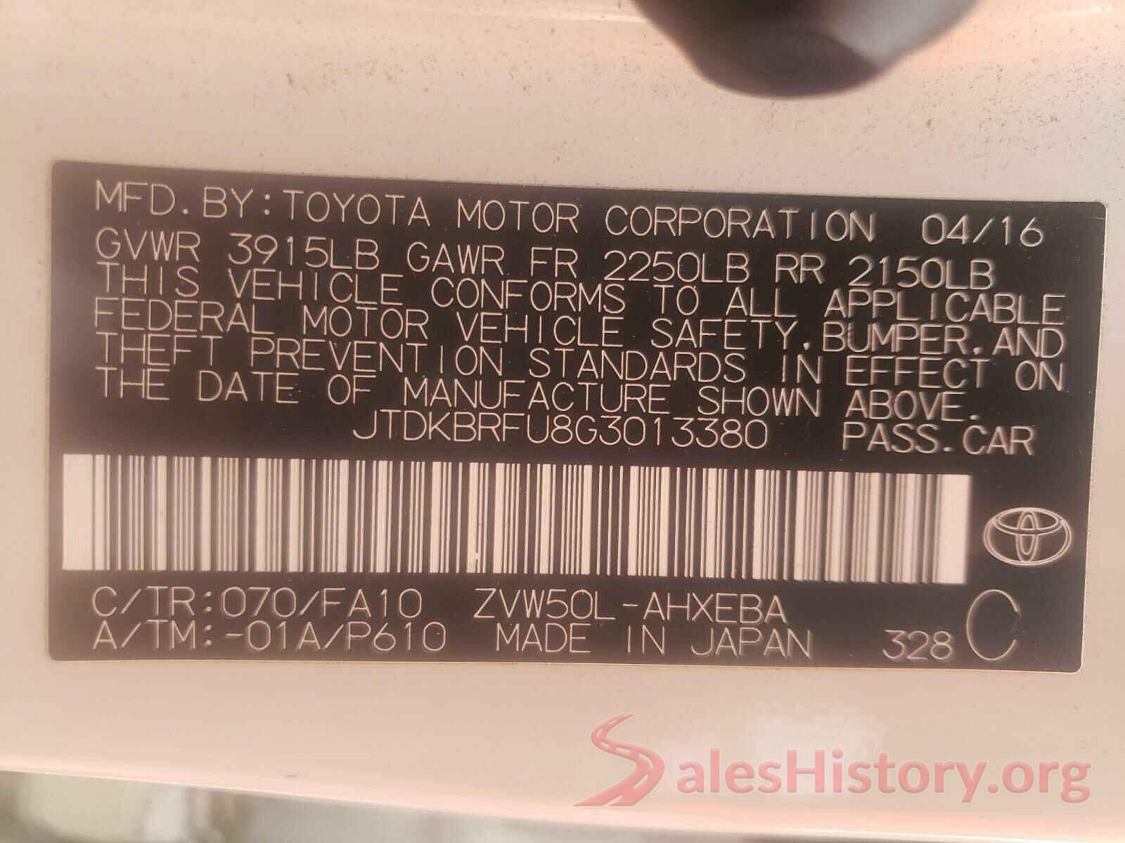 JTDKBRFU8G3013380 2016 TOYOTA PRIUS