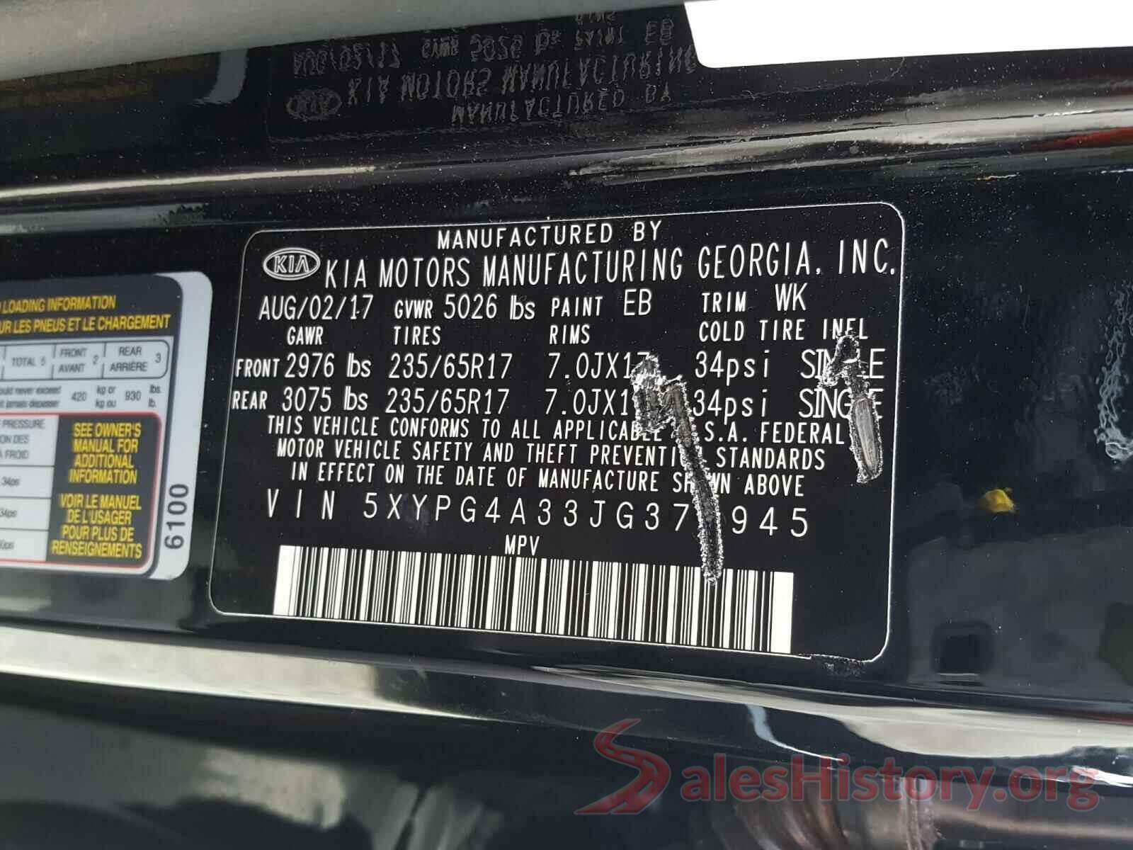 5XYPG4A33JG377945 2018 KIA SORENTO