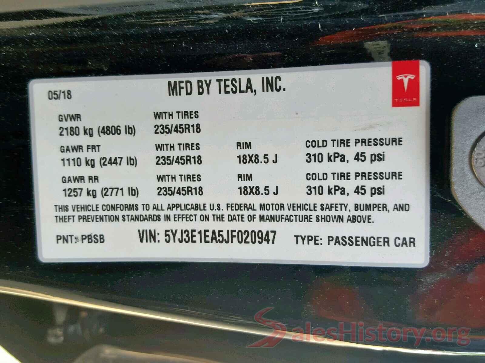 5YJ3E1EA5JF020947 2018 TESLA MODEL 3