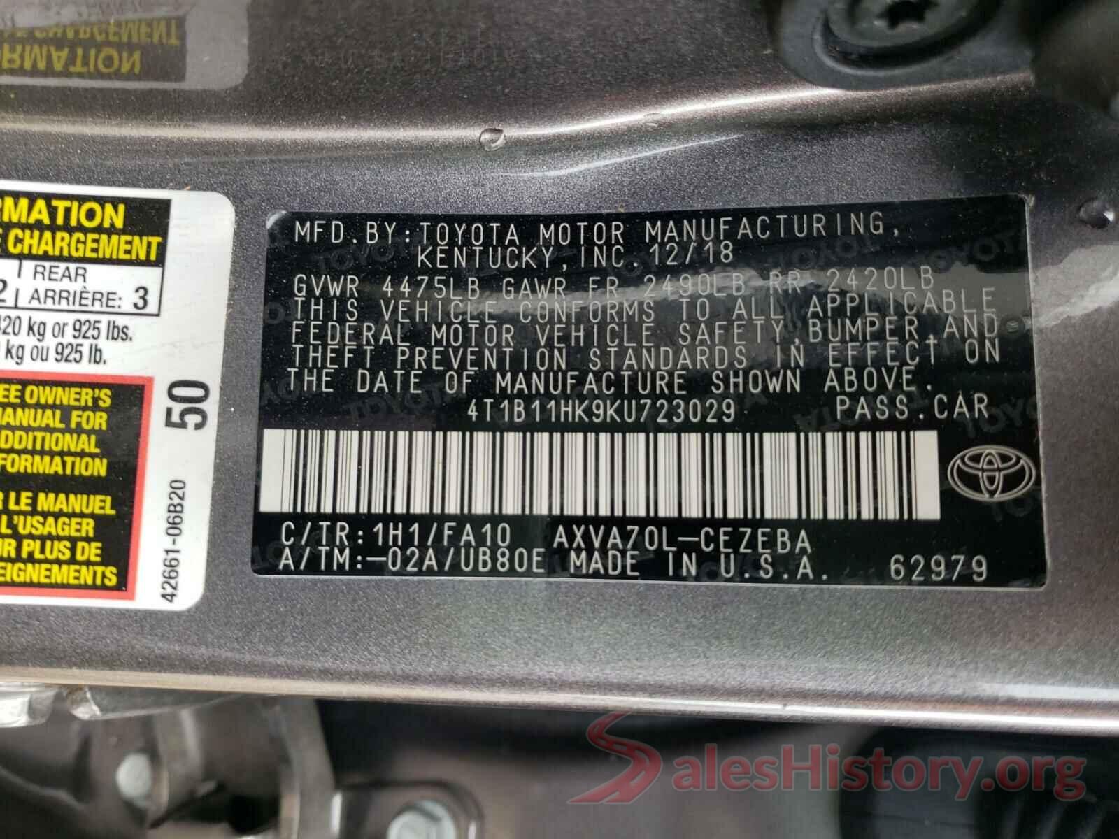 4T1B11HK9KU723029 2019 TOYOTA CAMRY