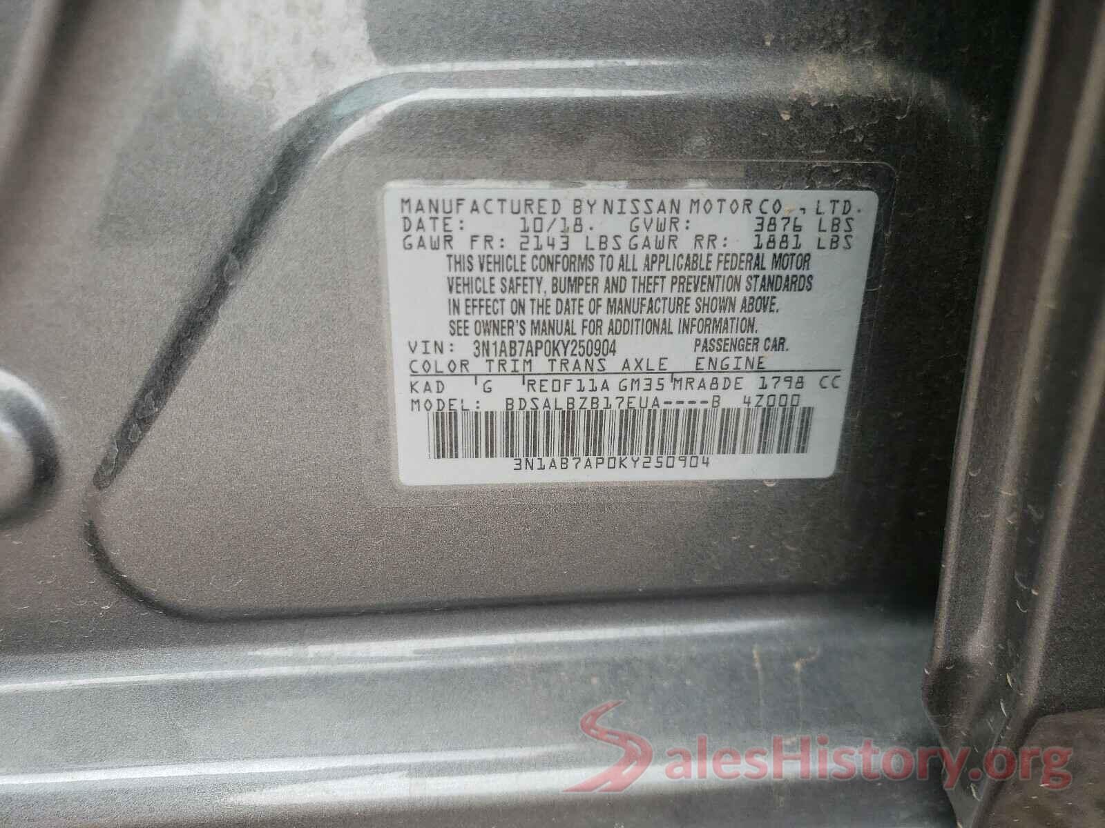 3N1AB7AP0KY250904 2019 NISSAN SENTRA