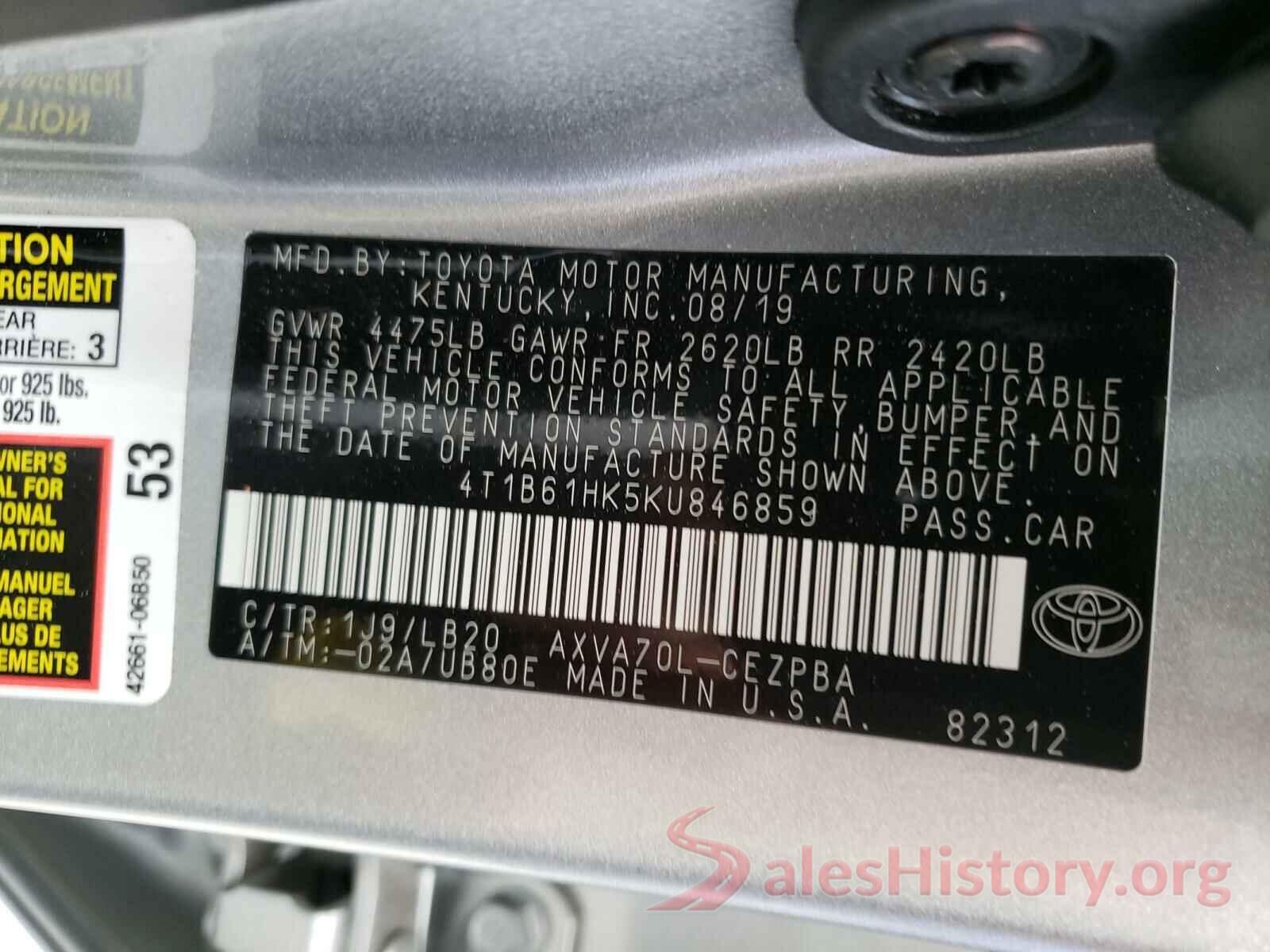 4T1B61HK5KU846859 2019 TOYOTA CAMRY