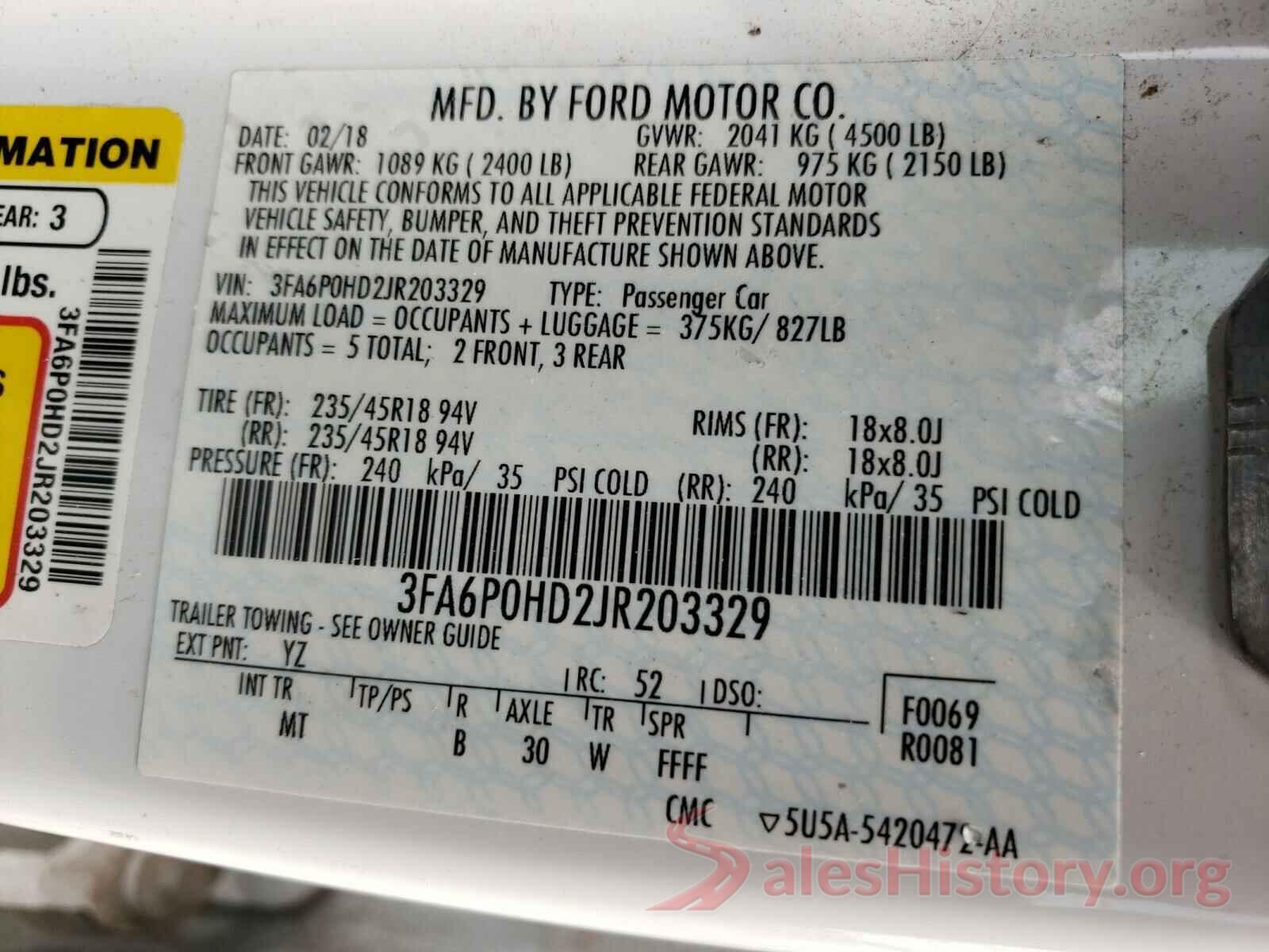 3FA6P0HD2JR203329 2018 FORD FUSION