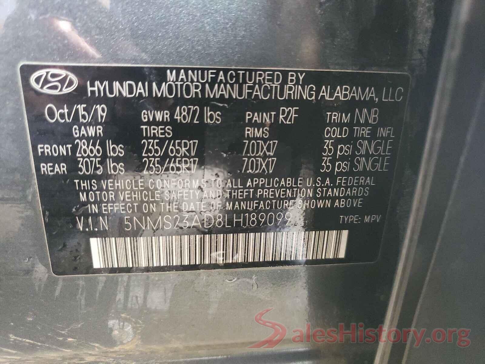 5NMS23AD8LH189099 2020 HYUNDAI SANTA FE