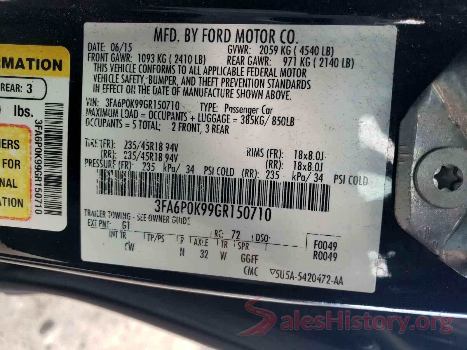 3FA6P0K99GR150710 2016 FORD FUSION