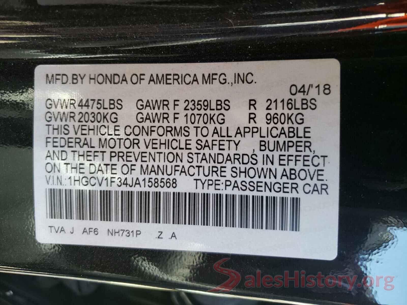 1HGCV1F34JA158568 2018 HONDA ACCORD